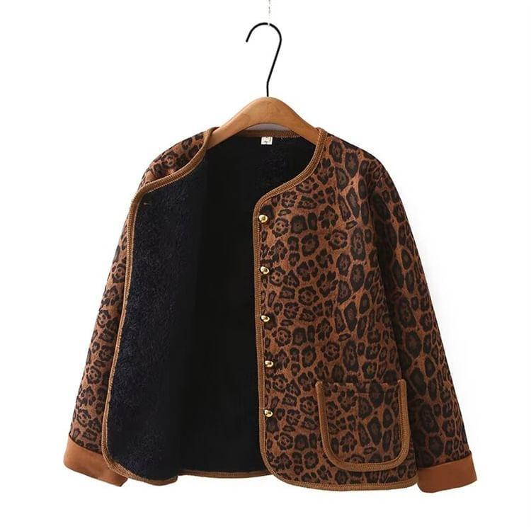 Plus Size Leopard Print Fleece-Lined Button Jacket Product Image