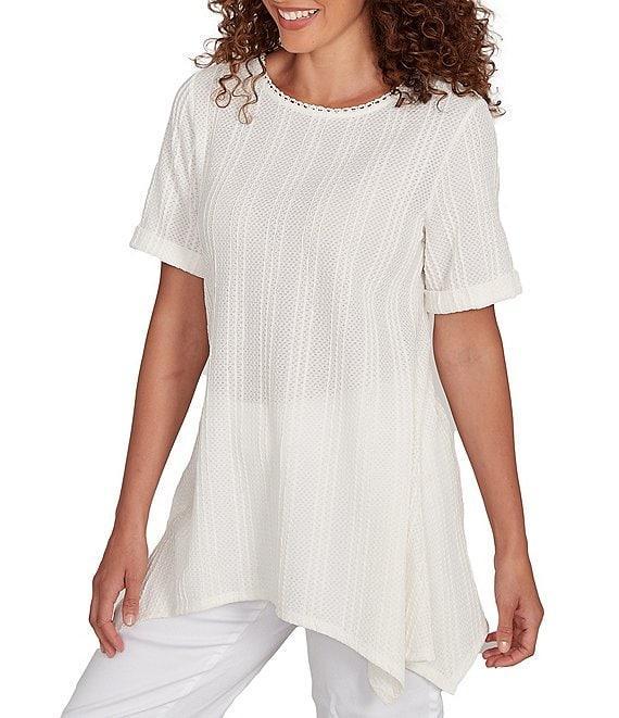 Ruby Rd. Petite Size Textured Solid Knit Crinkle Stripe Round Neck Short Sleeve Sharkbite Hem Top Product Image