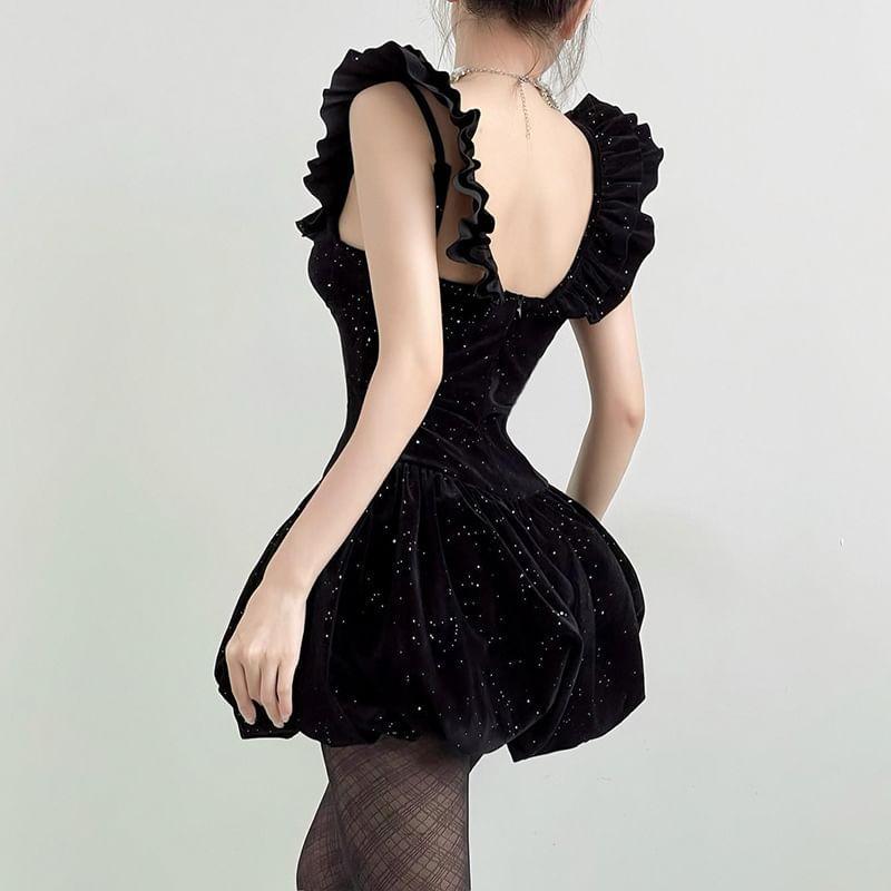 Spaghetti Strap Off-Shoulder 3D Flower Plain Velvet Glitter Mini Bubble Dress Product Image