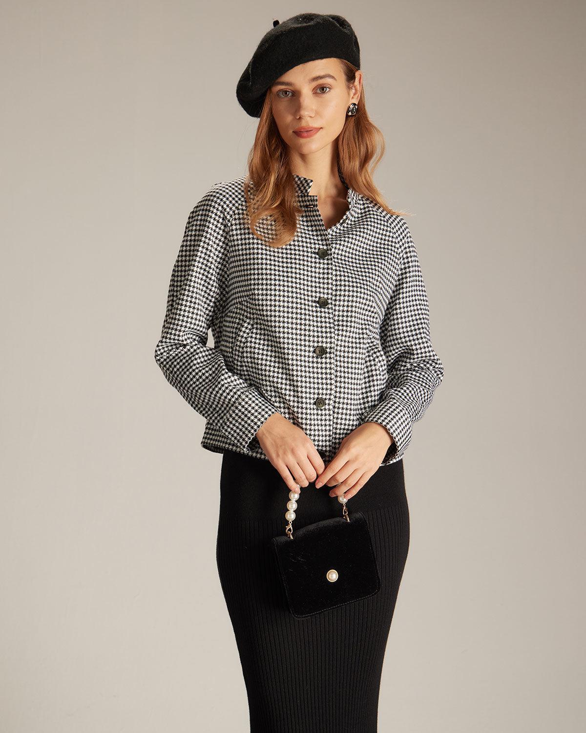 The Black Mock Neck Houndstooth Jacket Product Image