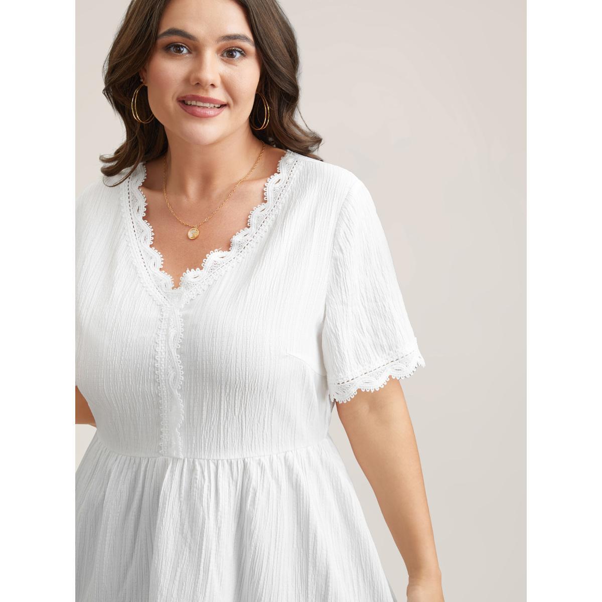 Plus Size Beige Scalloped Lace Textured Sheer Flared Shirt Women Leisure Short sleeve V-neck Casual Blouses BloomChic 28/5X Product Image