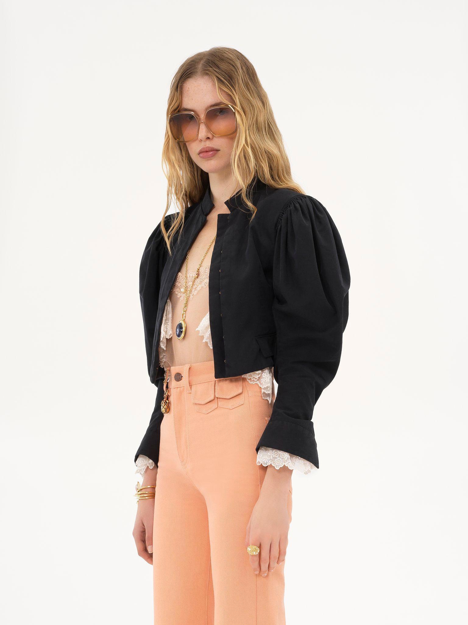 Puff-sleeve cropped jacket in silk faille Product Image