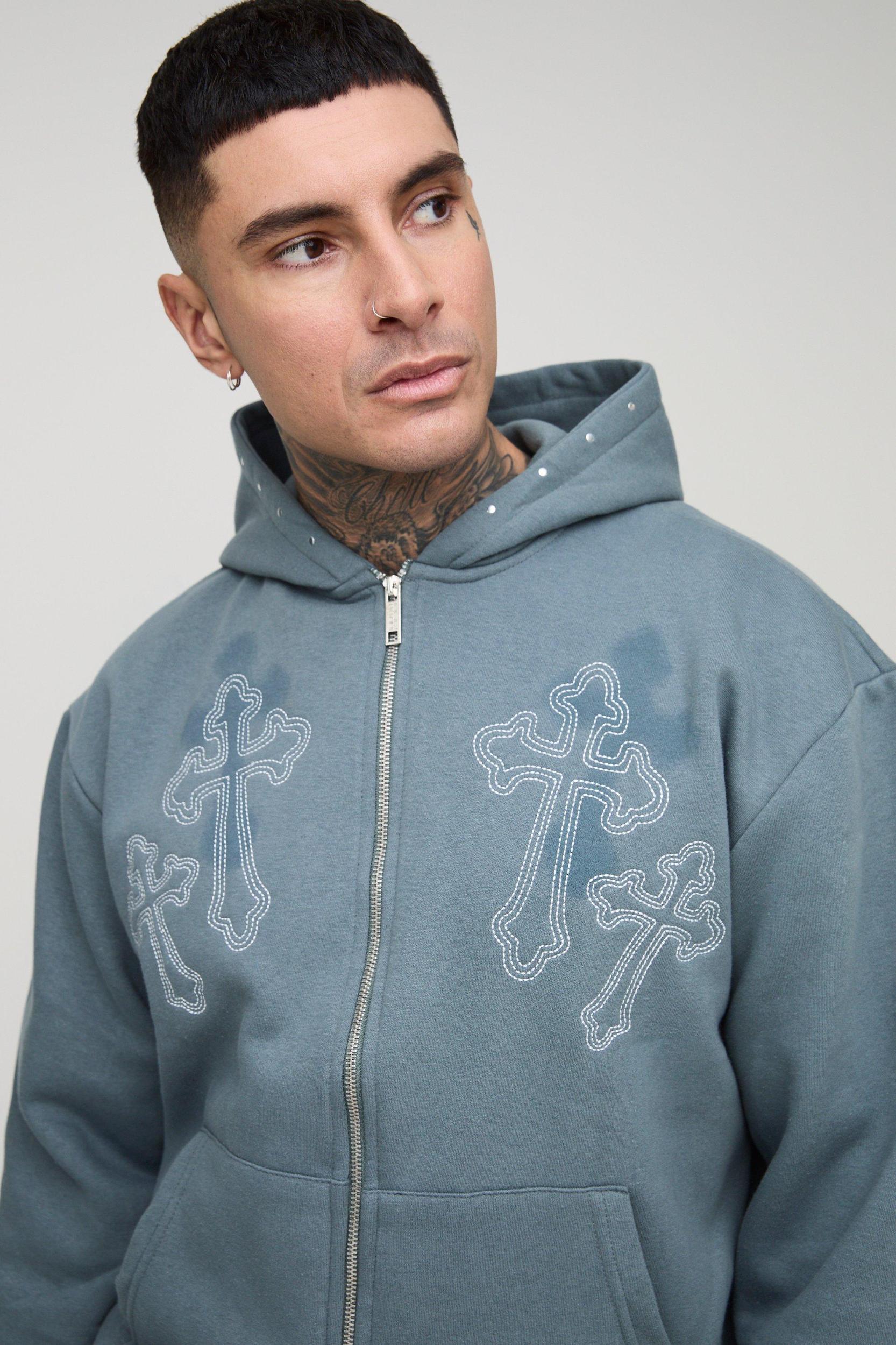 Tall Oversized Boxy Cross Embroidered Zip Through Hooded Tracksuit | boohooMAN USA Product Image
