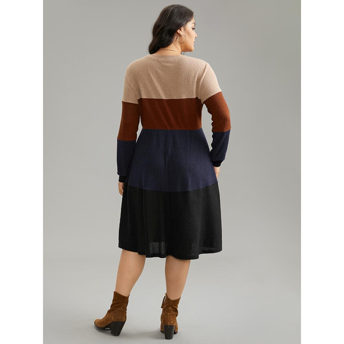 Plus Size Colorblock Rib Knit Pocket Patchwork Dress DarkBlue Women Casual Rib Knit Round Neck Long Sleeve Curvy Knee Dress BloomChic 14-16/1X Product Image