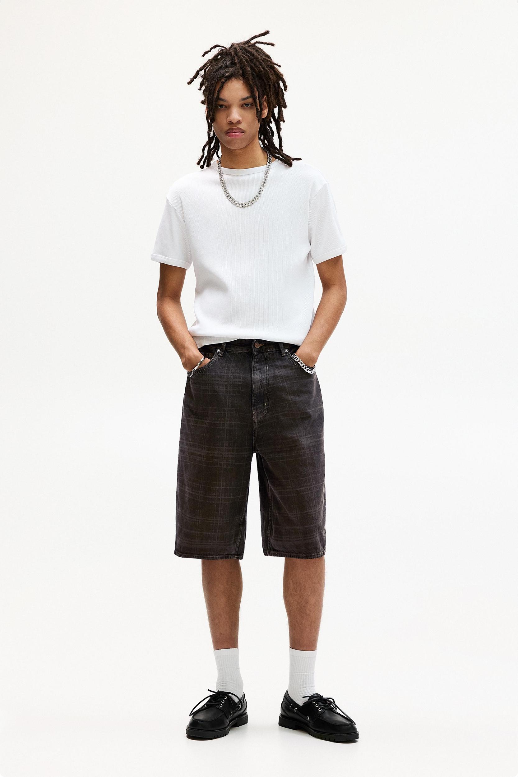 Checked skater denim Bermuda shorts Product Image