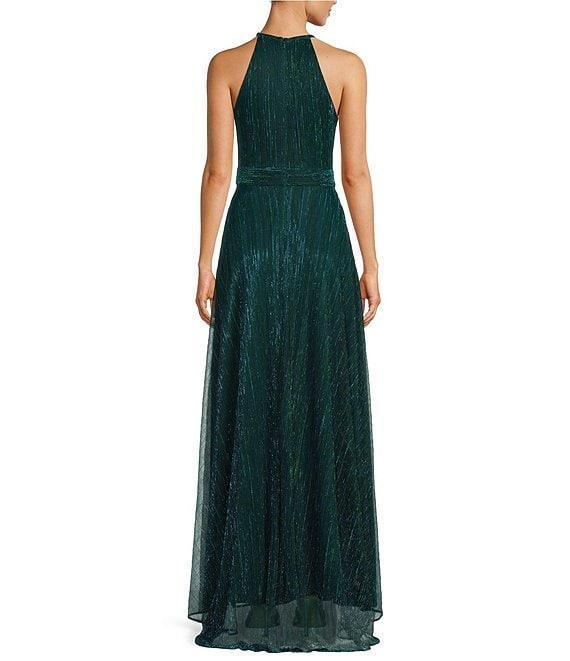 Betsy & Adam Petite Size Metallic Crinkle Halter Neck Sleeveless Gown Product Image