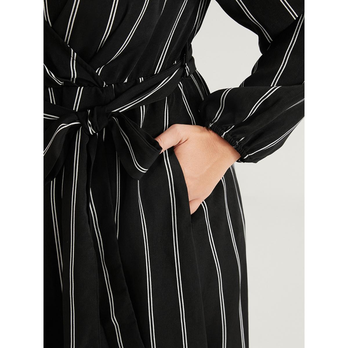 Plus Size Striped Lantern Sleeve Pocket Wrap Midi Dress Black Women Office Cross straps V-neck Long Sleeve Curvy Midi Dress BloomChic 14-16/1X Product Image