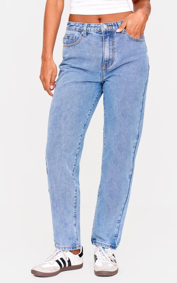 PRETTYLITTLETHING Mid Blue Wash High Waist Mom Jeans Product Image