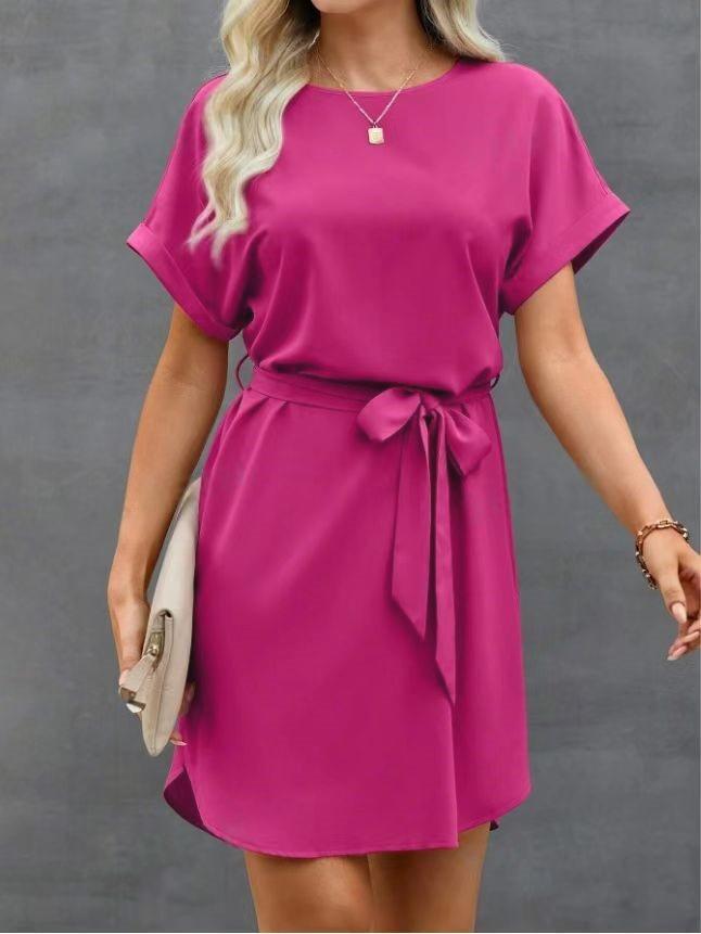 Loose Short Sleeves Solid Color Tied Waist Round-Neck Mini Dresses Product Image