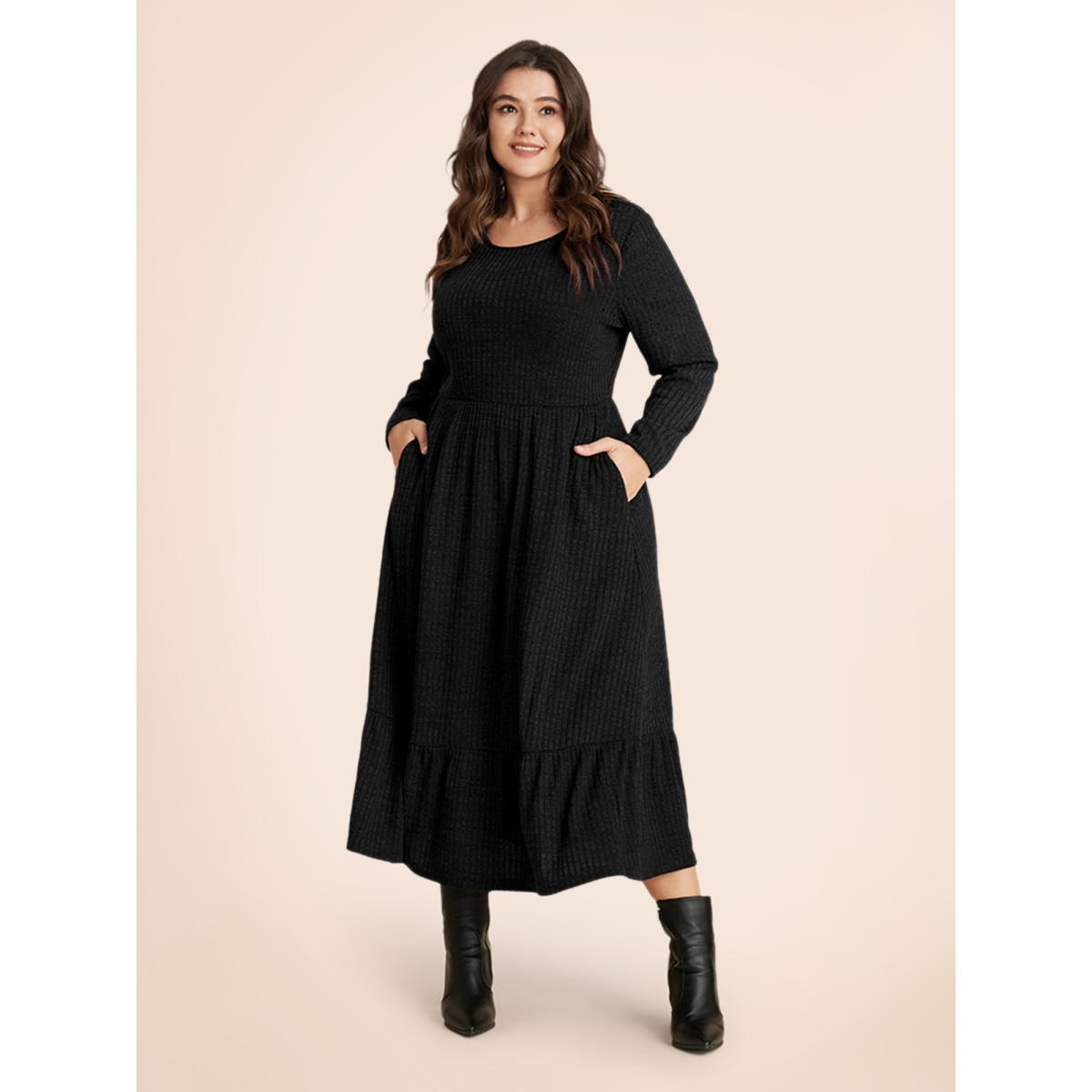 Plus Size Solid Pocket Rib Knit Ruffle Hem Dress Without Belt Black Women Basics Non Round Neck Long Sleeve Curvy Midi Dress BloomChic 12/L Product Image