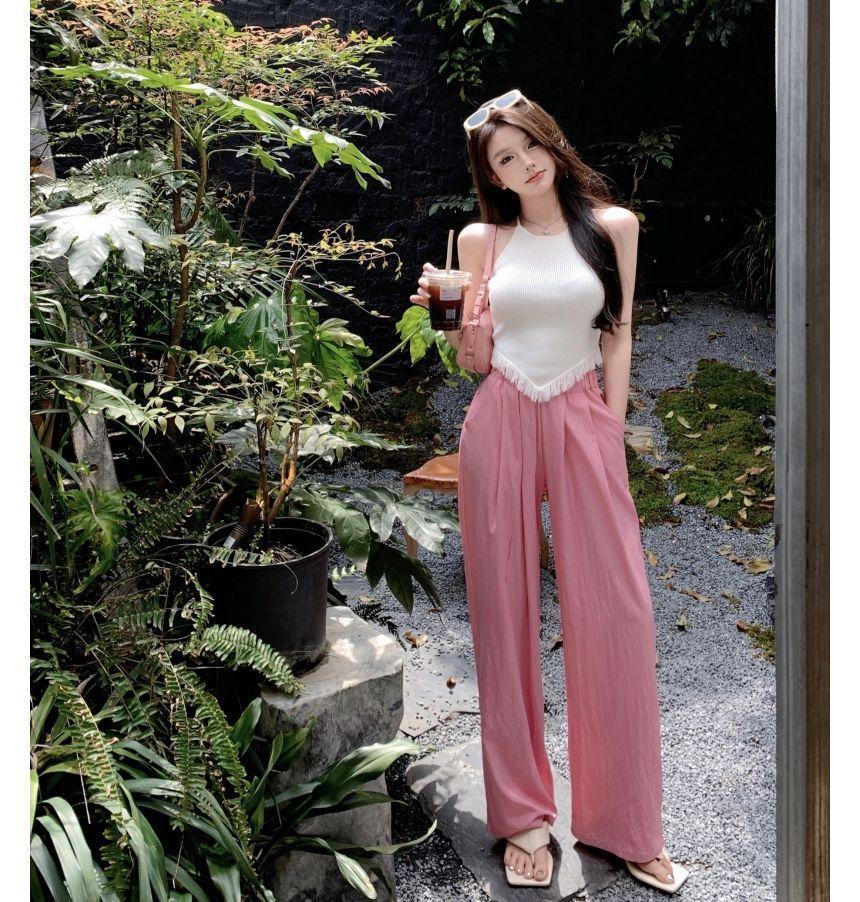 High Rise Plain Wide Leg Pants / Halter-Neck Plain Top Product Image