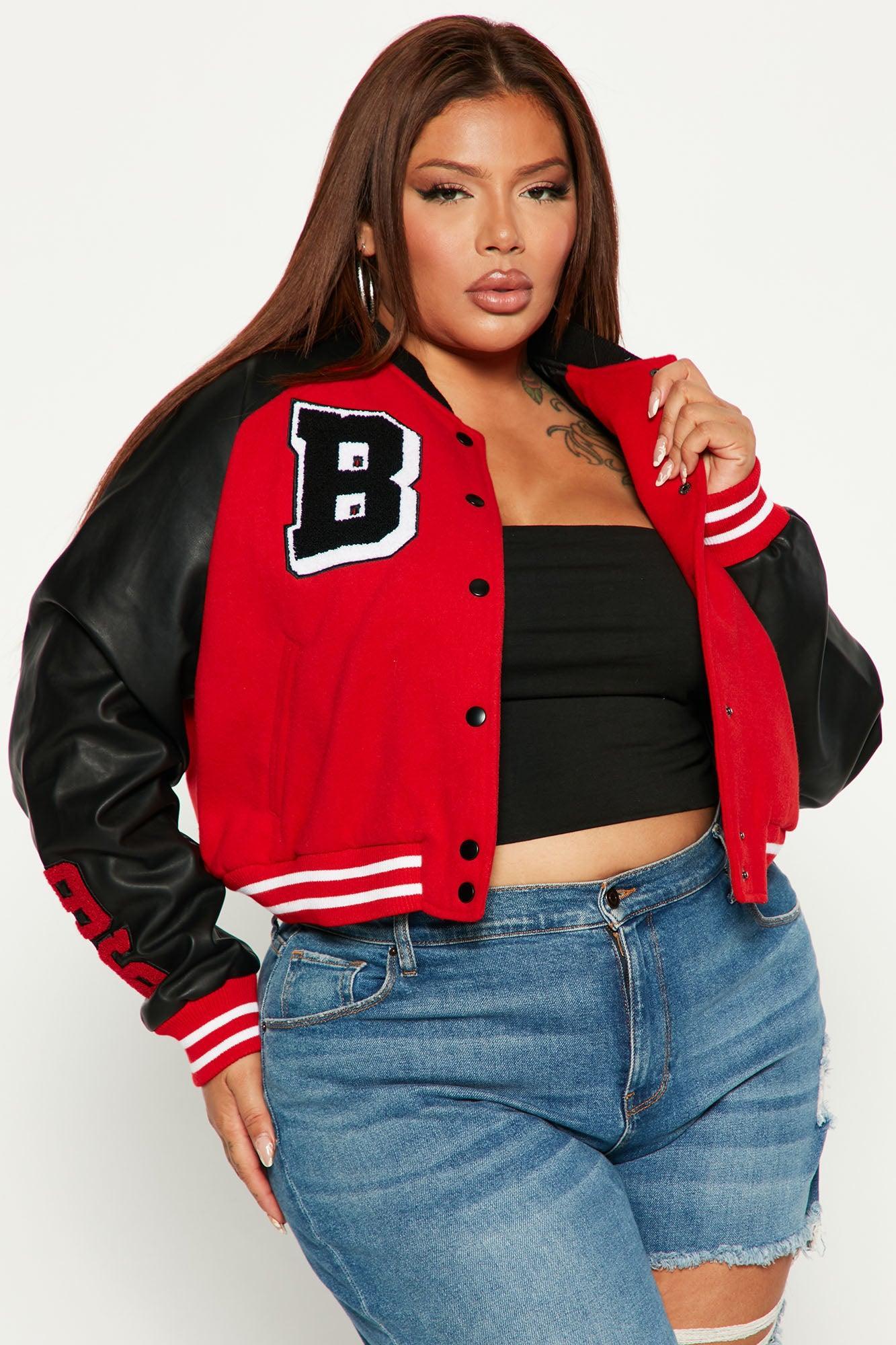 Bulls Cropped Letterman Jacket - Red/Black Female Product Image