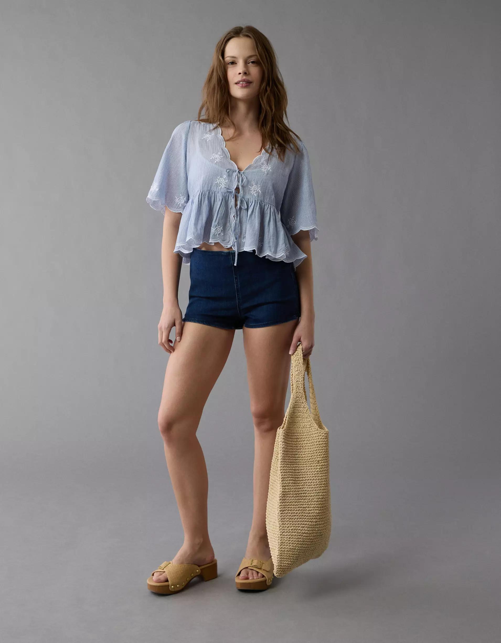 AE Embroidered Tie Front V-Neck Blouse Product Image