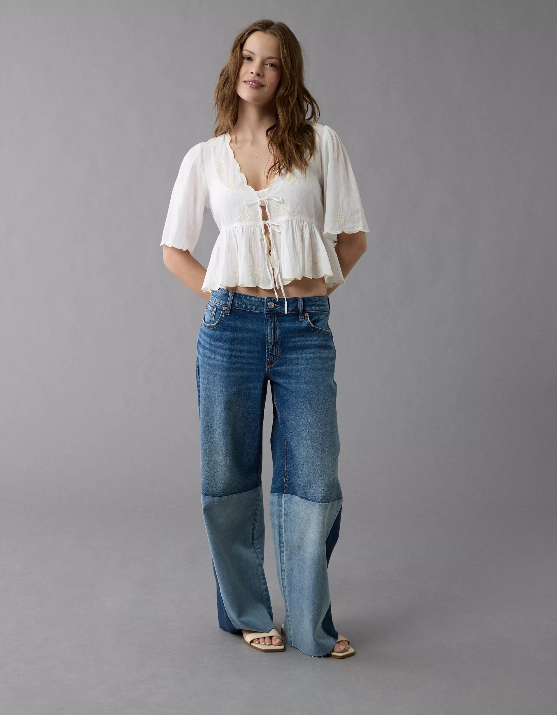 AE Embroidered Tie Front V-Neck Blouse Product Image