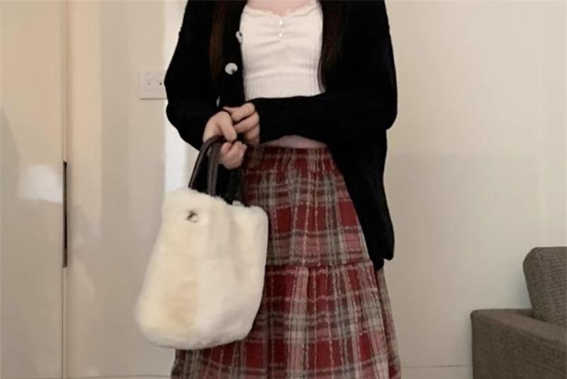 High Waist Plaid Tiered Midi A-Line Skirt Product Image