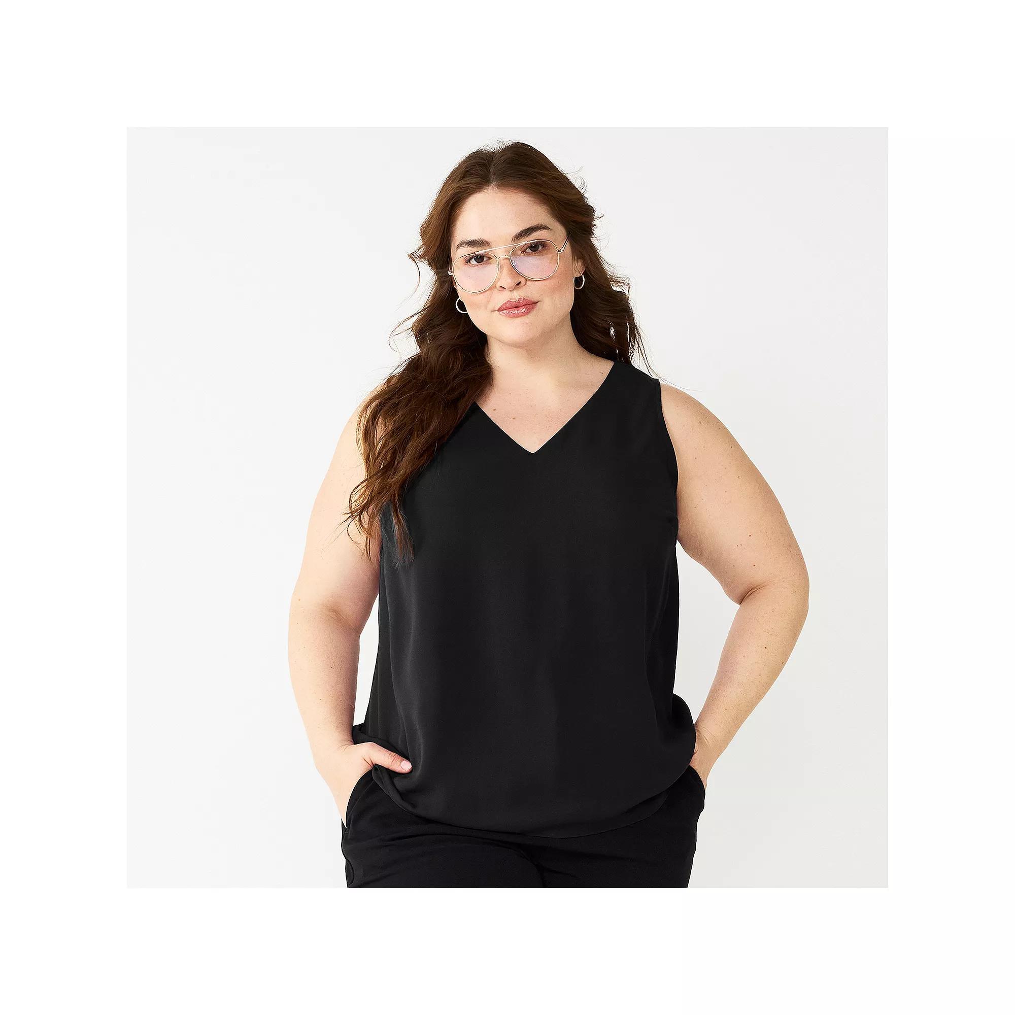 Plus Size Nine West Essential V-Neck Tank Top, Women's, Size: 0X, Mineral Black Product Image
