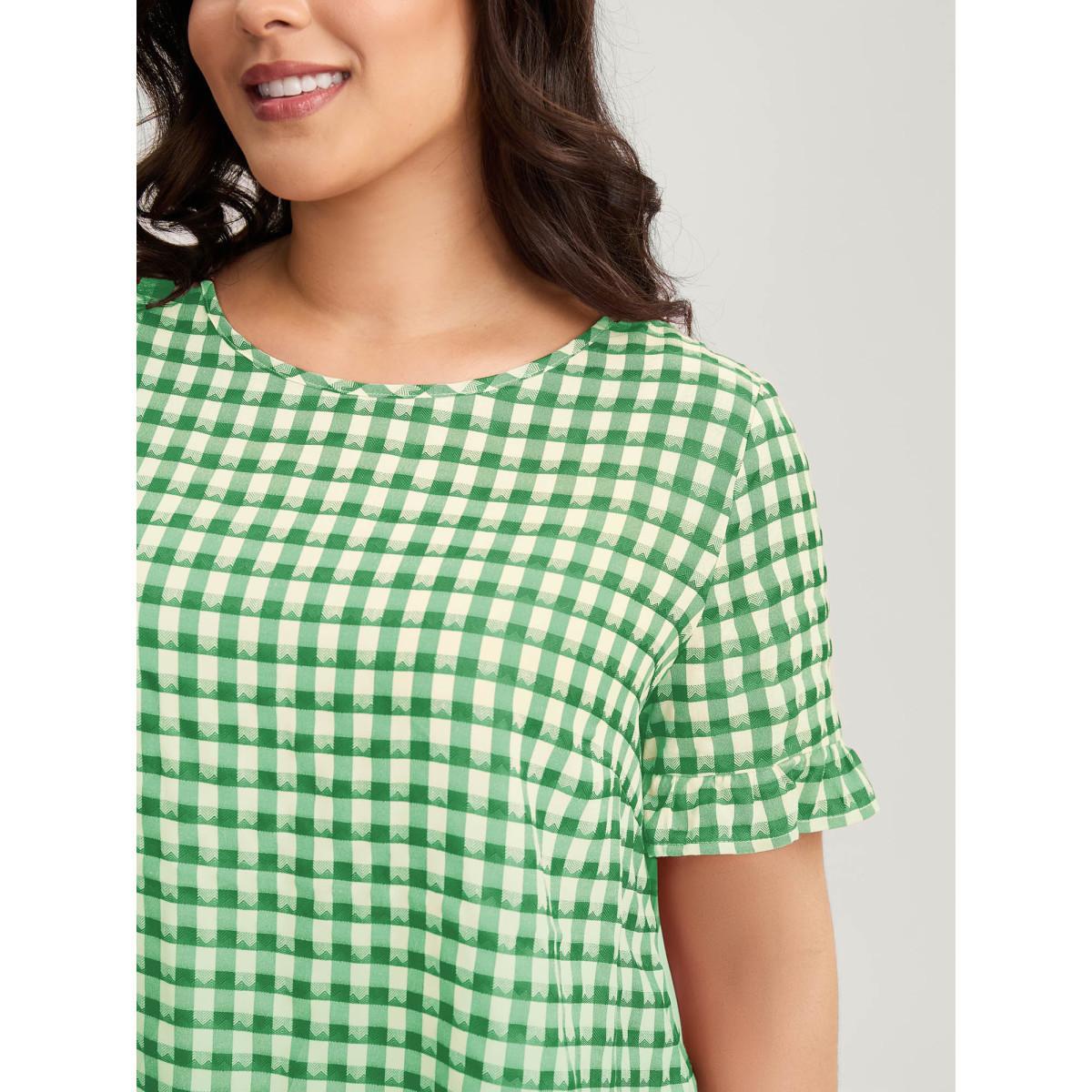 Plus Size Malachitegreen Gingham Print Button Back Blouse Women Short sleeve Round Neck Everyday-Casual Blouses BloomChic 28/5X Product Image