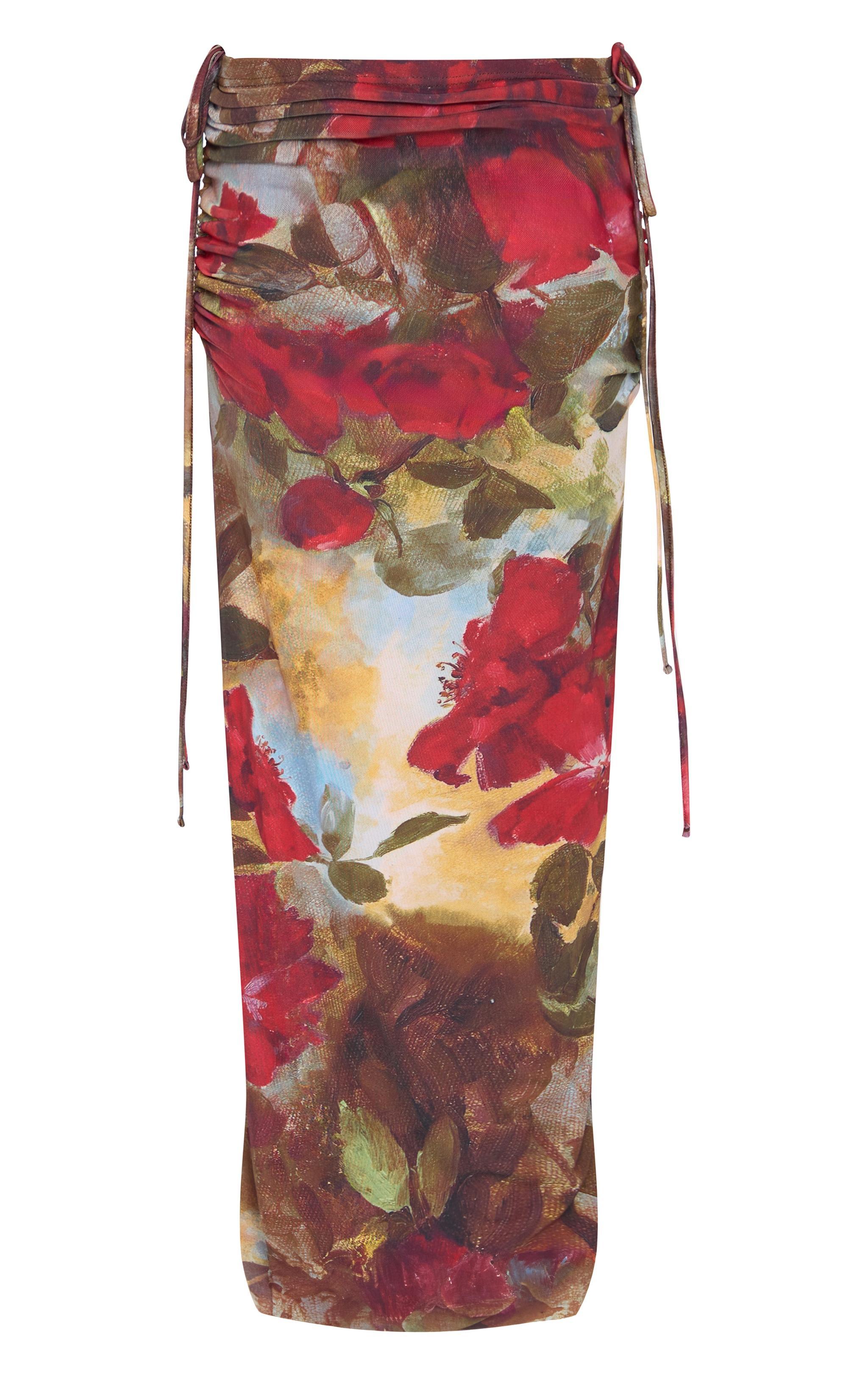 Red Rose Print Ruched Side Maxi Skirt Product Image