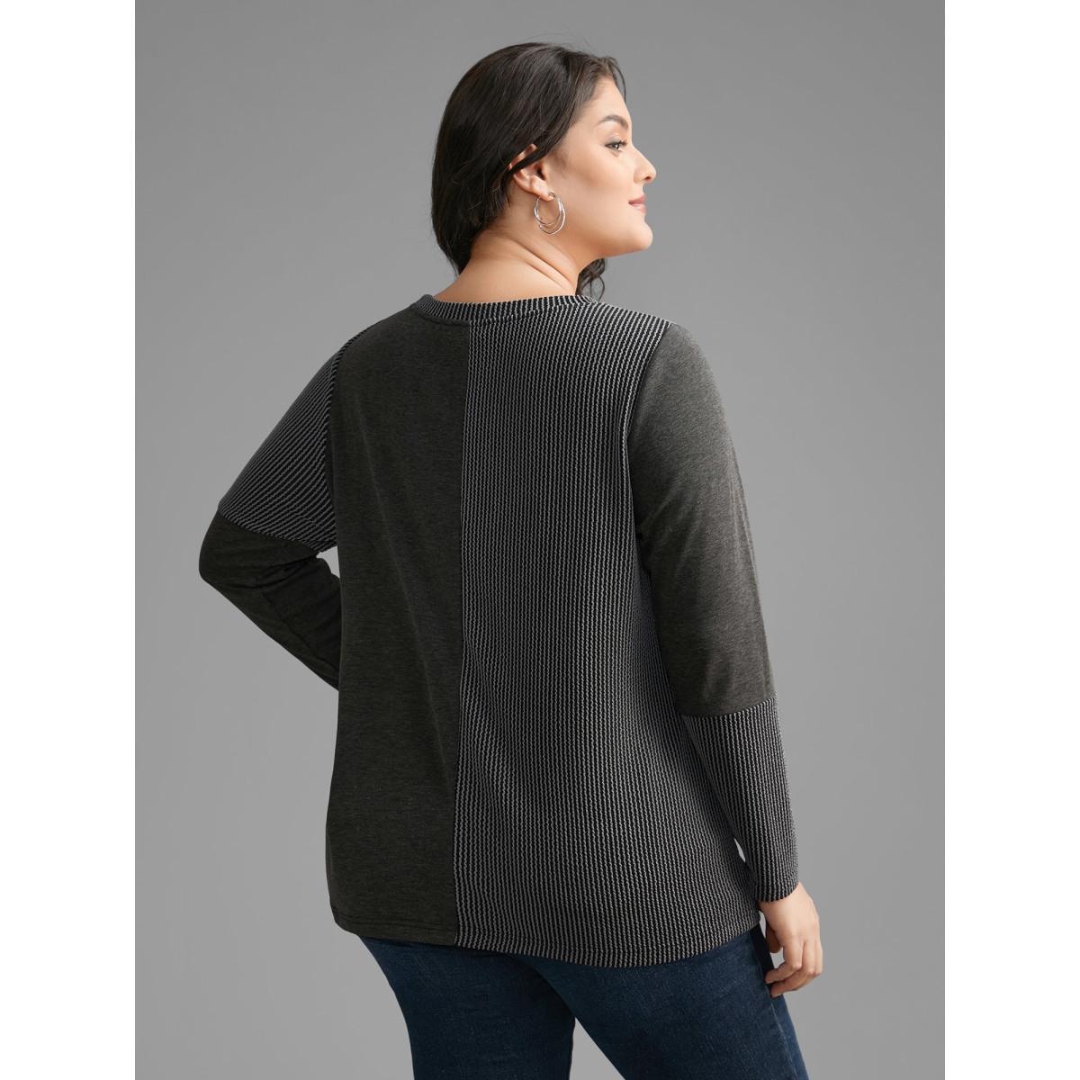 Plus Size Round Neck Textured Patchwork T-shirt Black Women Casual Texture Round Neck Everyday T-shirts BloomChic 14-16/1X Product Image
