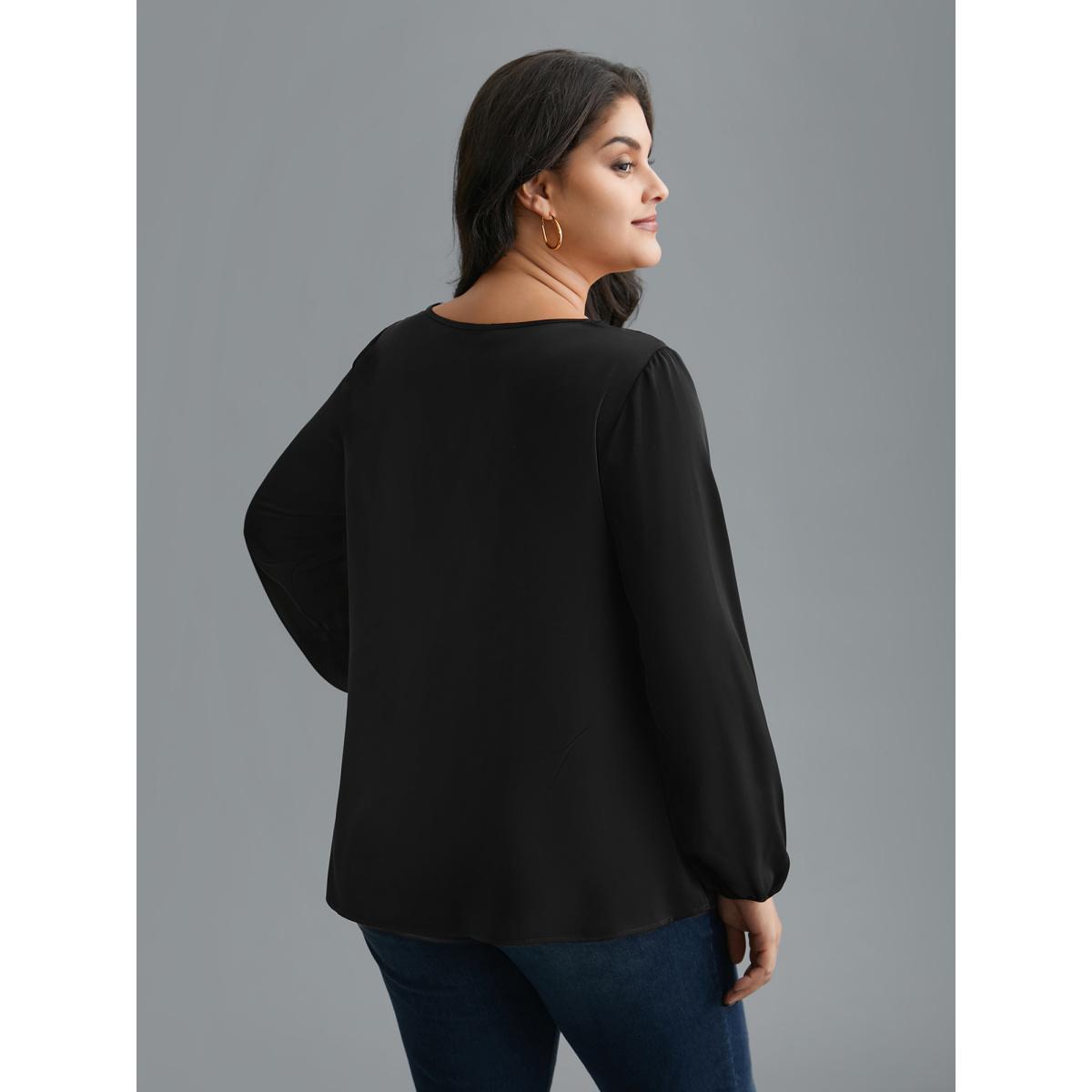 Plus Size Black Lace Trim Sheer Neckline Blouse Women Elegant Long Sleeve Round Neck Everyday Blouses BloomChic 26/4X Product Image