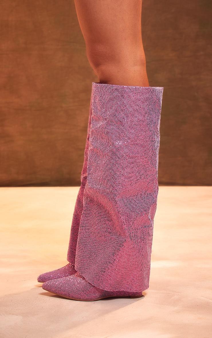 Pink Diamante Point Toe Fold Over Wedged Knee High Boots Product Image