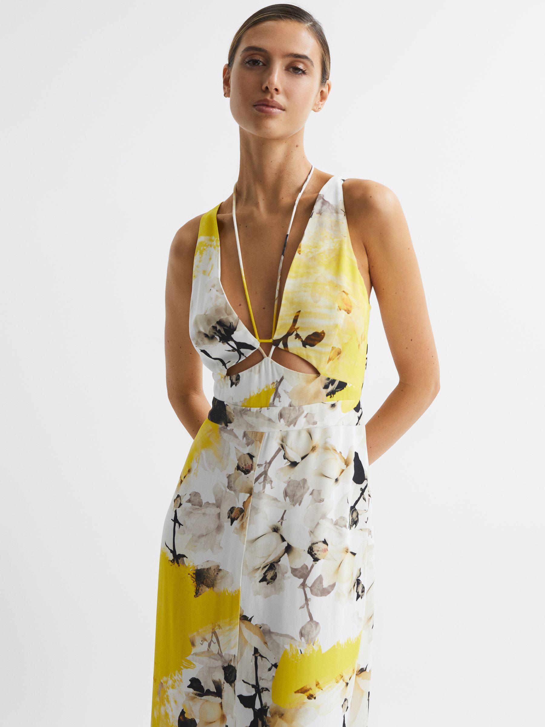 Fitted Floral Print Midi Dress in Yellow Product Image