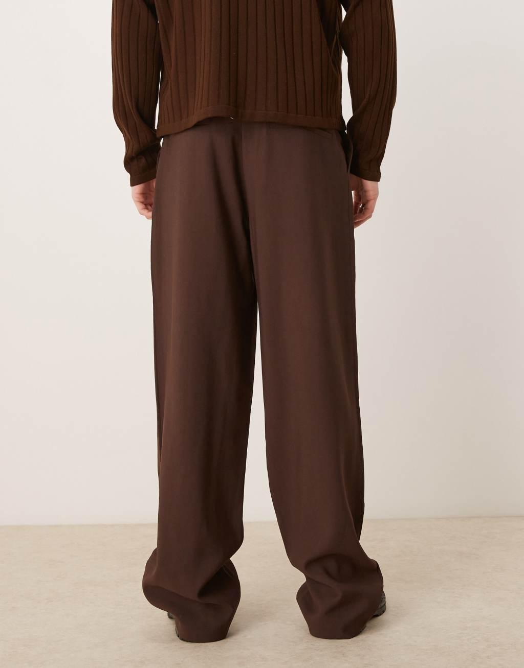 ASOS DESIGN wide leg smart pants with pleats in brown Product Image