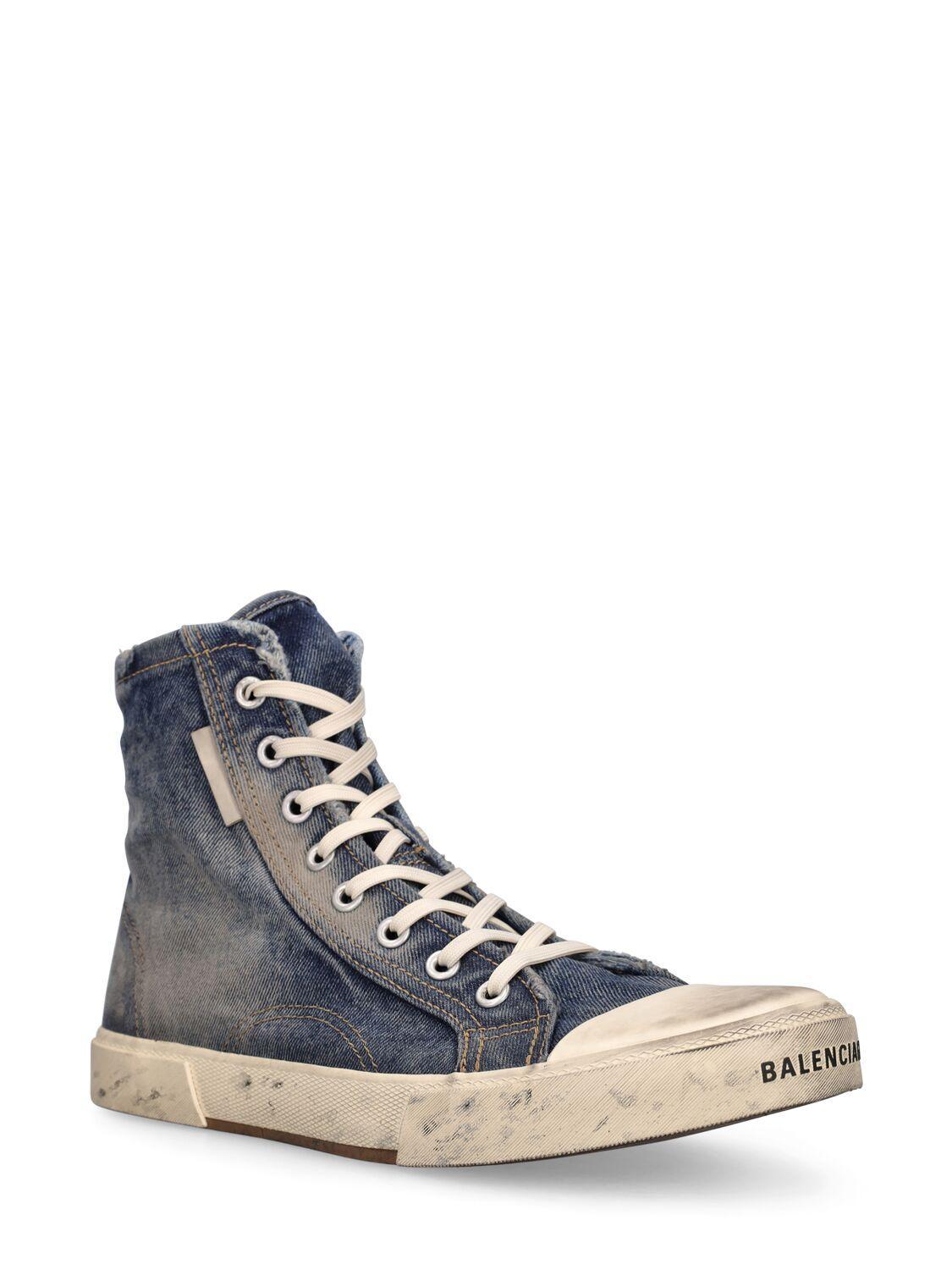 BALENCIAGA Paris Distressed-denim High-top Trainers In Blue Product Image