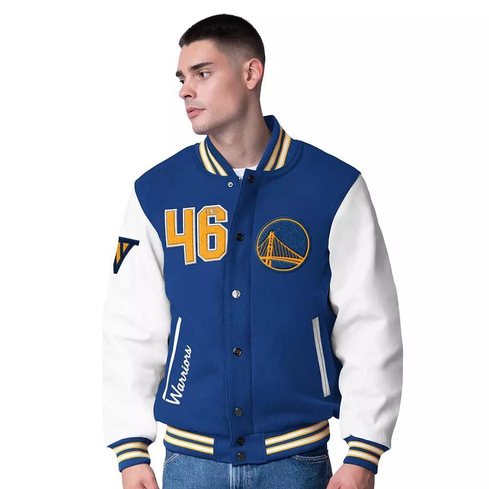 Men's G-III Sports by Carl Banks  Royal Golden State Warriors Moneyball Wool & Leather Full-Snap Varsity Jacket, Size: Large, Blue Product Image