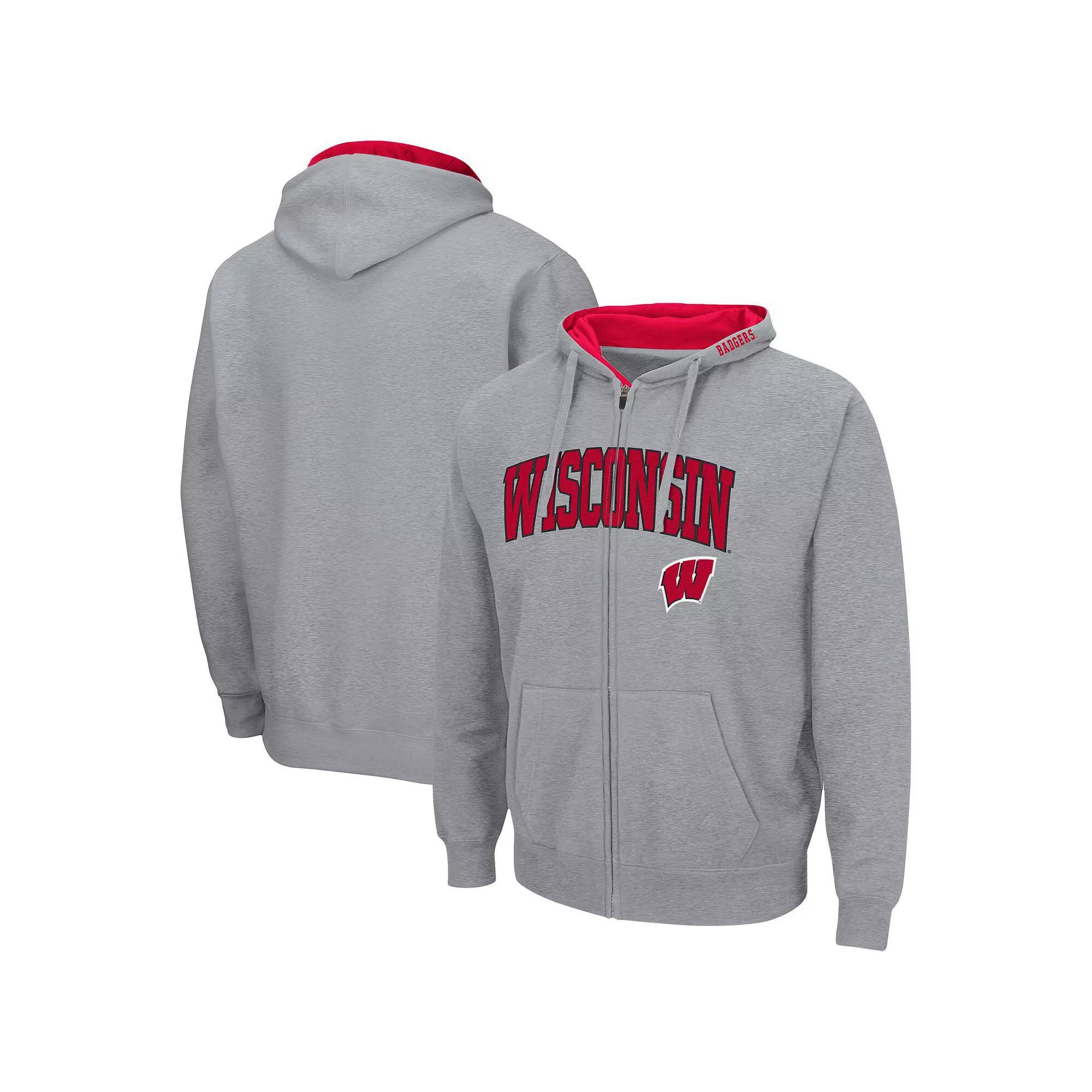 Men's Colosseum Heathered Gray Wisconsin Badgers Arch & Logo 3.0 Full-Zip Hoodie, Size: Large, Grey Product Image