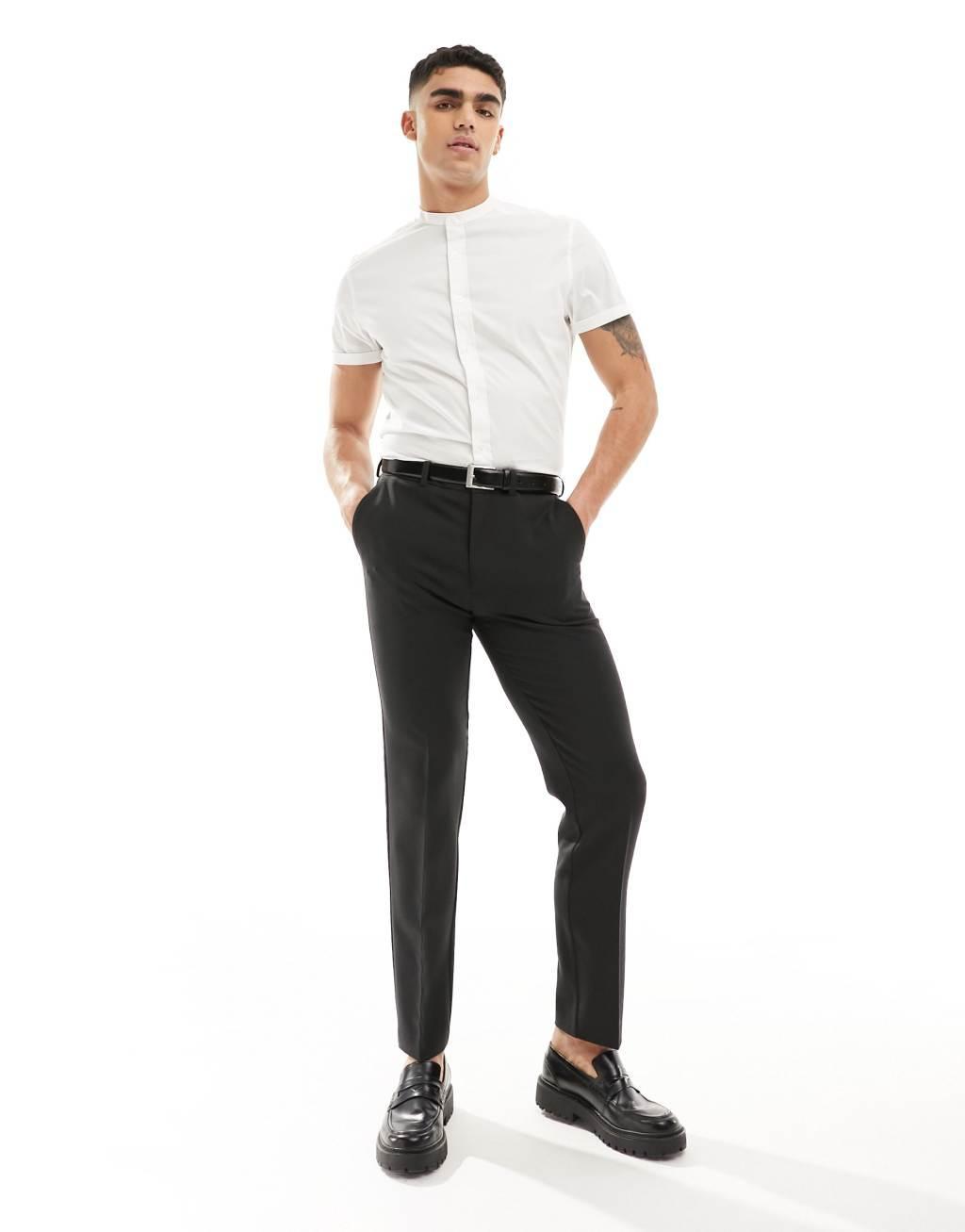 ASOS DESIGN slim fit band collar shirt with roll sleeves in black Product Image