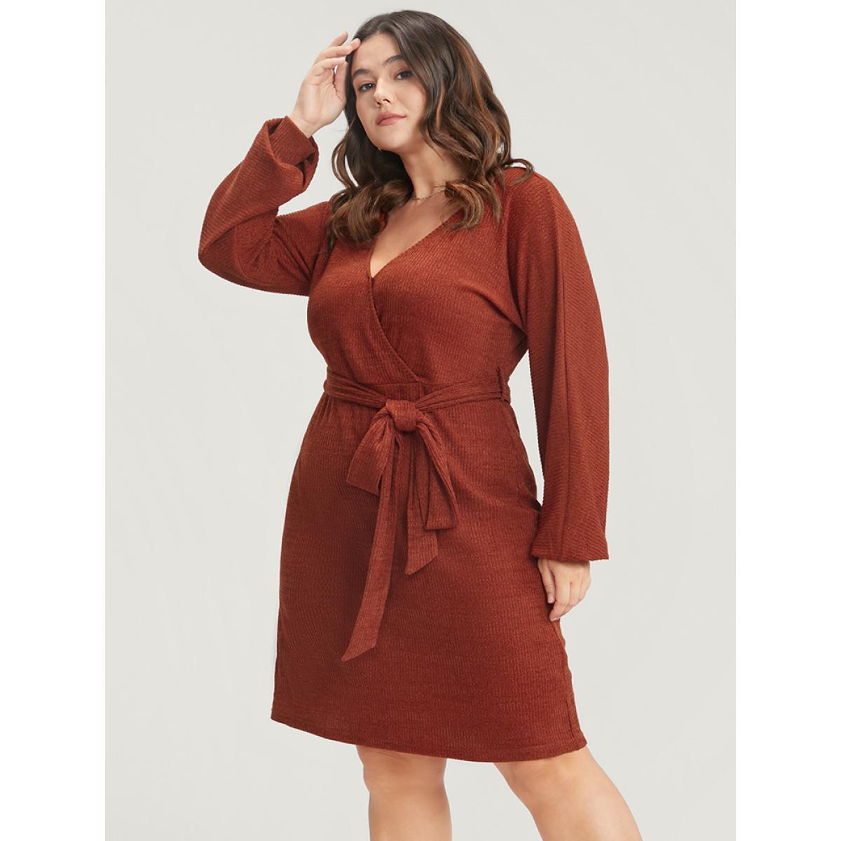 Plus Size Solid Surplice Neck Belted Knit Dress Russet Women Glamour Cross straps V-neck Long Sleeve Curvy Knee Dress BloomChic 10/M Product Image