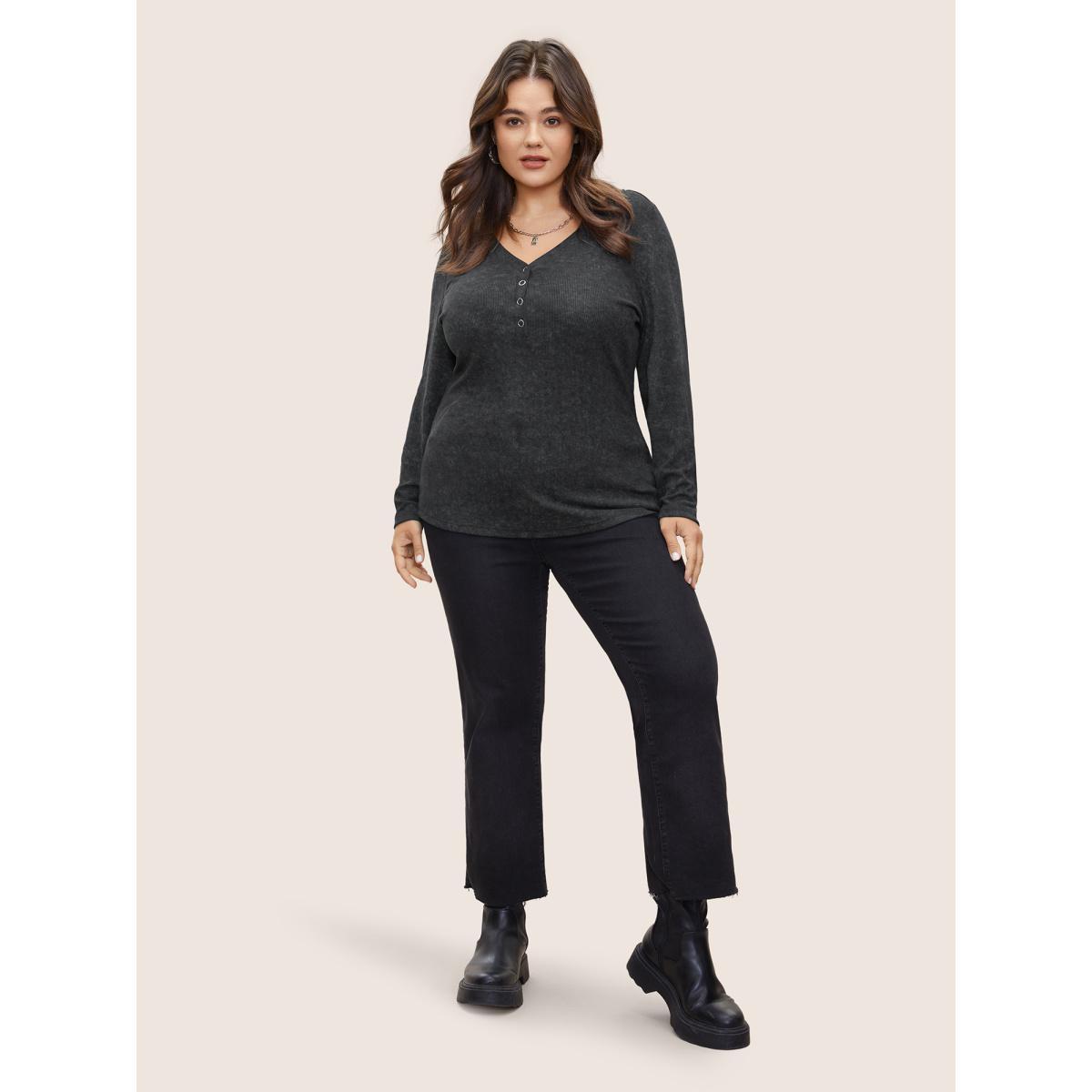 Plus Size Vintage Textured Button Up T-shirt Black Women Casual Texture Plain V-neck Everyday T-shirts BloomChic 12/L Product Image