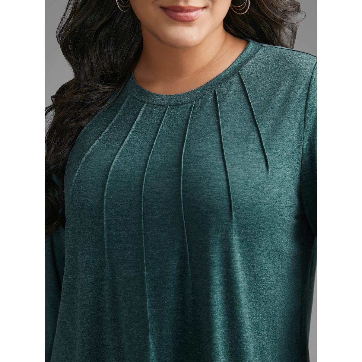 Plus Size Solid Heather Round Neck Pleated T-shirt DarkGreen Women Casual Pleated Round Neck Everyday T-shirts BloomChic 28/5X Product Image