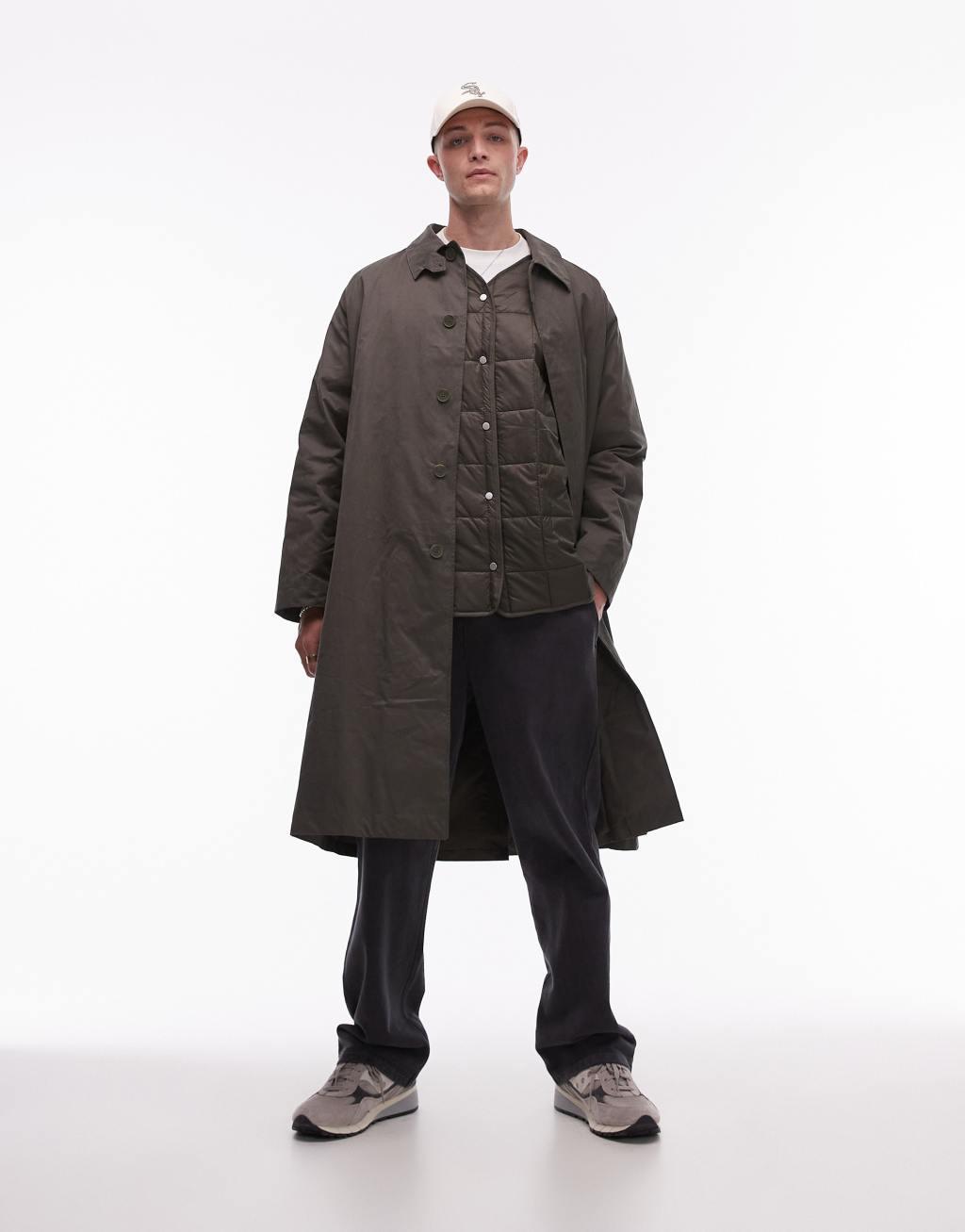 Topman oversized trench coat with removeable lining in khaki Product Image