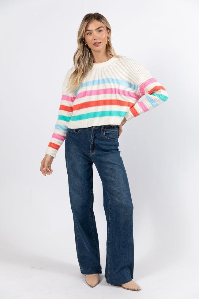 I'm Just Thinking Multi Color Stripe Hem Crew Neck Sweater FINAL SALE Product Image