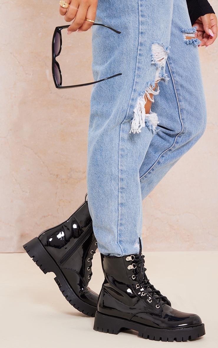 Black PU Patent Basic Lace Up Combat Boots Product Image