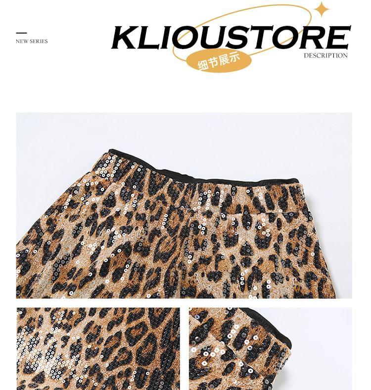 High Waist Leopard Print Sequin Wide Leg Pants Product Image