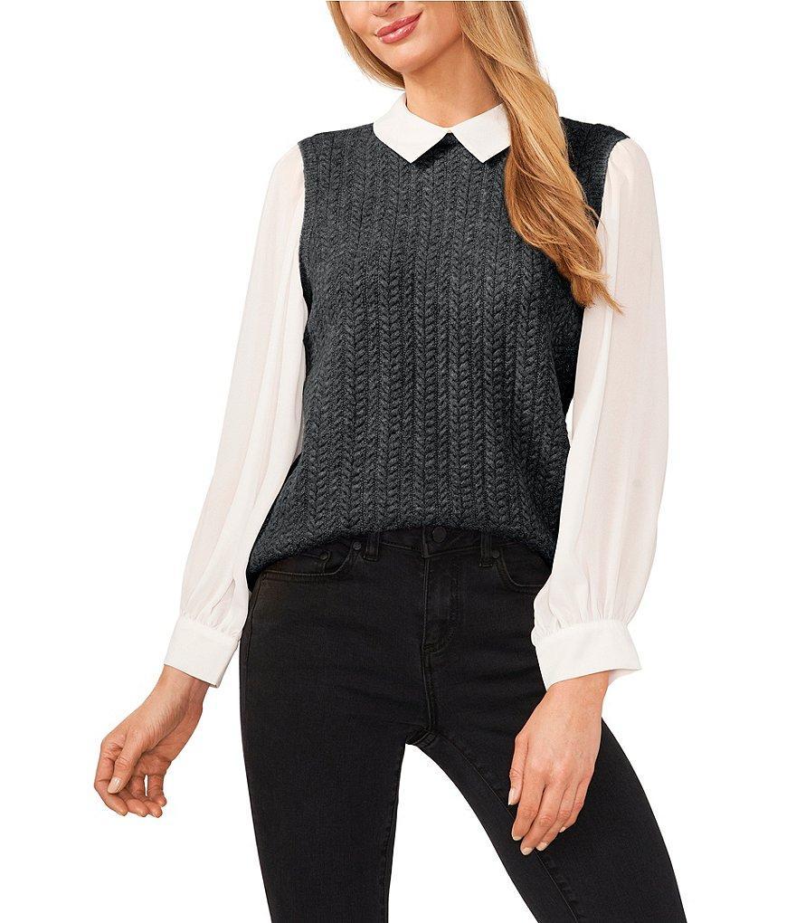 CeCe Mixed Media Long Sleeve Spread Collar Cable Knit Sweater Vest Top Product Image