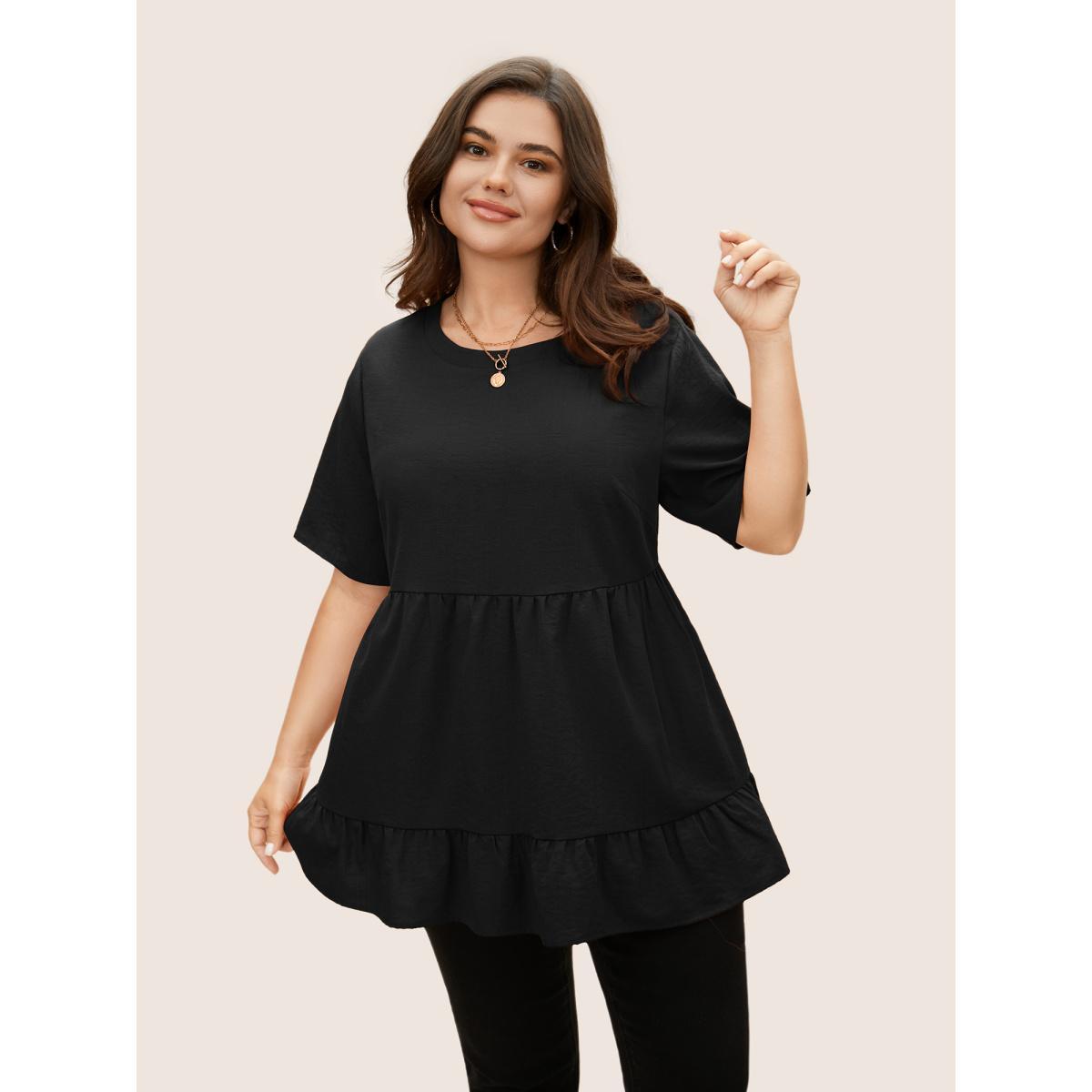 Plus Size Black Solid Crew Neck Ruffle Hem Blouse Women Casual Short sleeve Round Neck Everyday Blouses BloomChic 22-24/3X Product Image