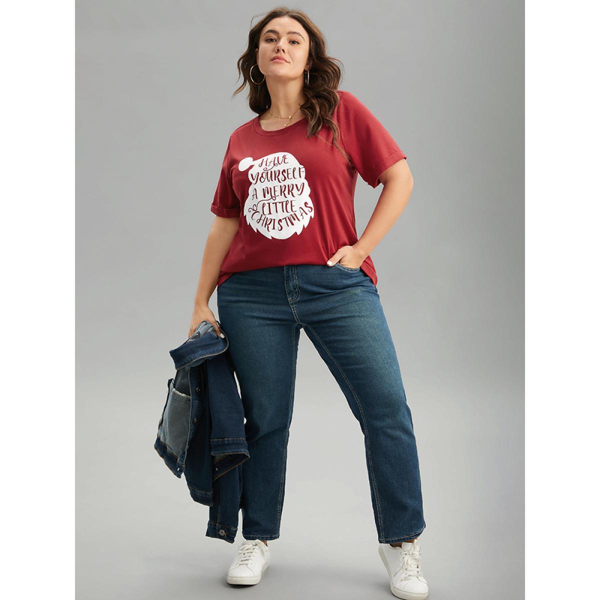 Plus Size Christmas Print Round Neck Roll Sleeve T-shirt Raspberry Women Casual Printed Christmas Festival-Christmas T-shirts BloomChic 28/5X Product Image