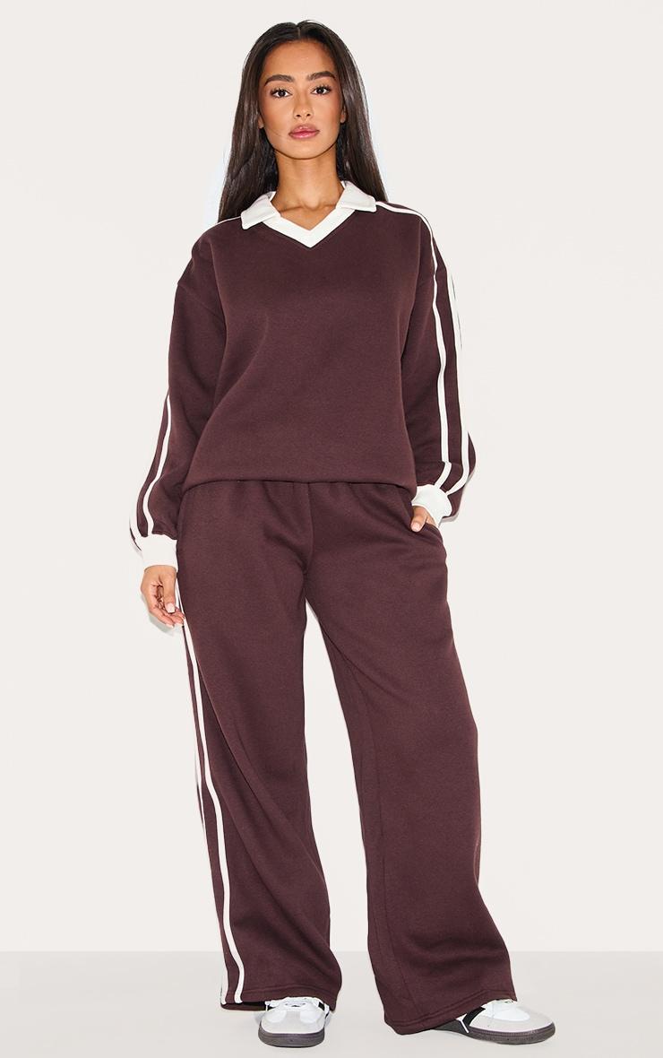 Petite Chocolate Wide Leg Stripe Detail Sweatpants Product Image