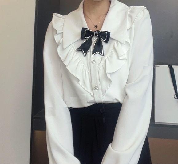 Long-Sleeve Bow Ruffle Trim Blouse Product Image