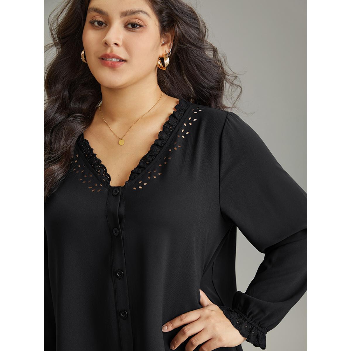 Plus Size Black Guipure Lace Laser Cut Patchwork Lantern Sleeve Blouse Women Elegant Long Sleeve V-neck Everyday Blouses BloomChic 22-24/3X Product Image