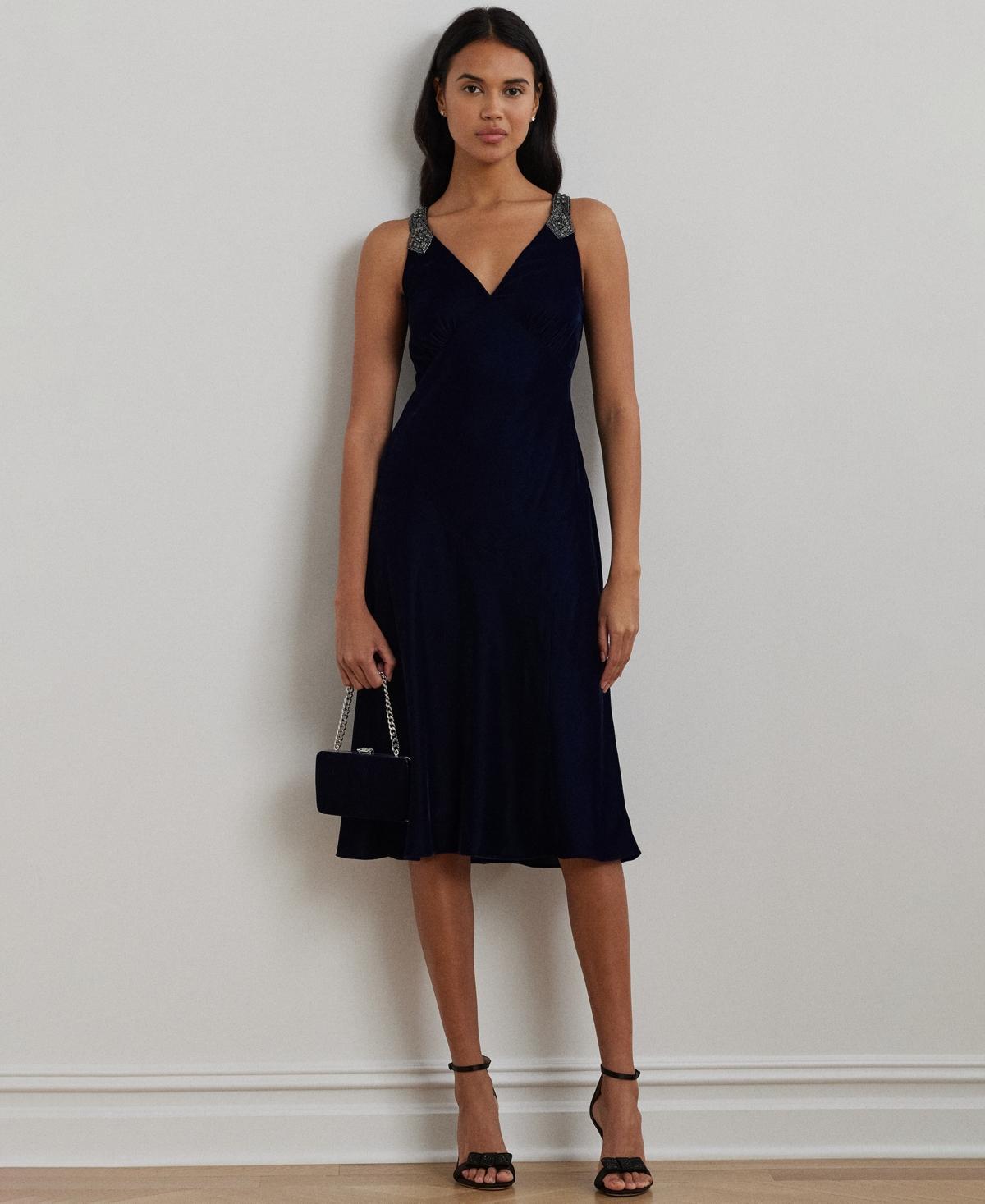 Lauren Ralph Lauren Womens Beaded Velvet Sleeveless Cocktail Dress Product Image