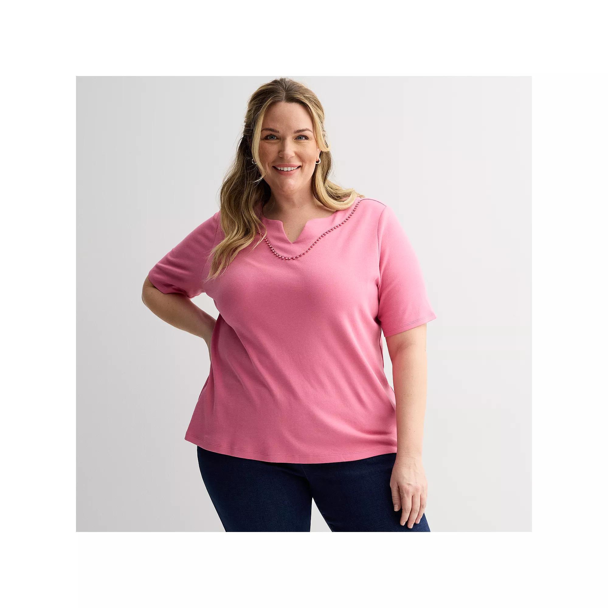 Plus Size Croft & Barrow® Bobble Trim Split Neck Top, Women's, Size: 3XL, Pinkberry Product Image