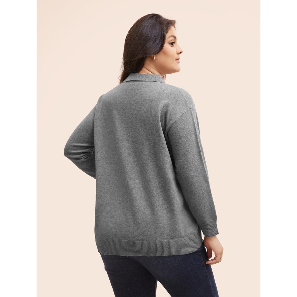 Plus Size Polo Neck Drop Shoulder Sleeve Soft Pullover DarkGray Women Casual Long Sleeve Polo Everyday Pullovers BloomChic 18-20/2X Product Image