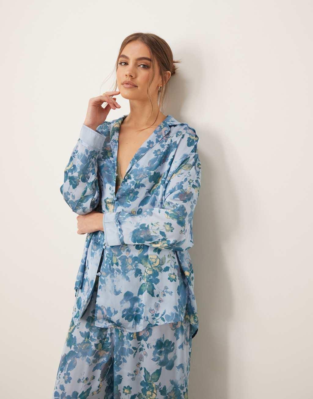 Free People dreamy days printed silk pajama set in light blue Product Image