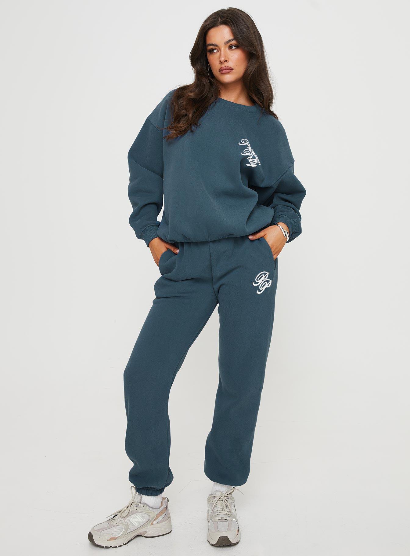 Princess Polly Crew Neck Sweatshirt Cursive Text Navy / White Product Image