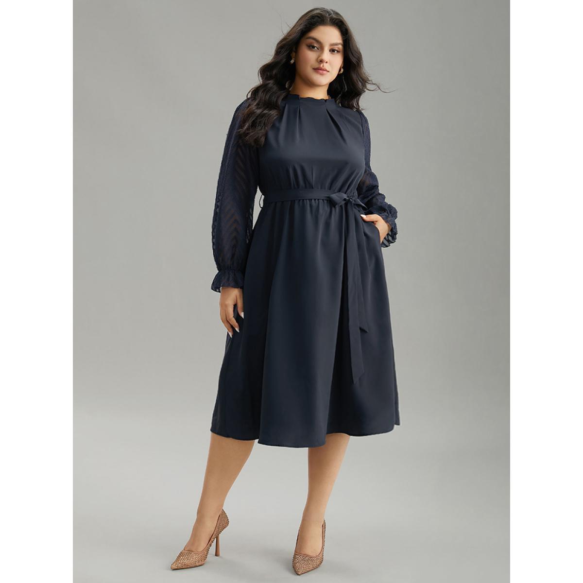 Plus Size Twill Mesh Patchwork Belted Plicated Detail Dress DarkBlue Women Elegant Texture Mock Neck Long Sleeve Curvy Midi Dress BloomChic 18-20/2X Product Image